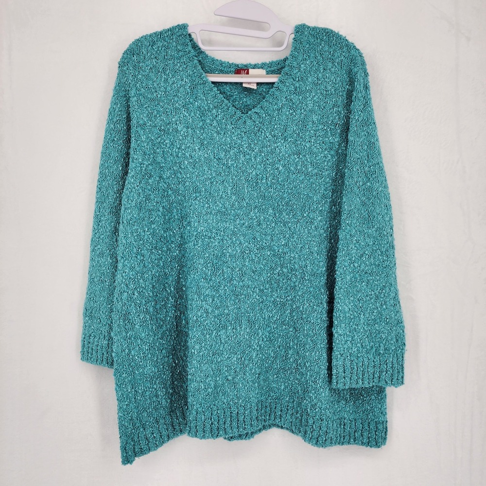 JM Collection Woman Teal Blue Green Boucle V-Neck Sweater Size 2X Plus Soft